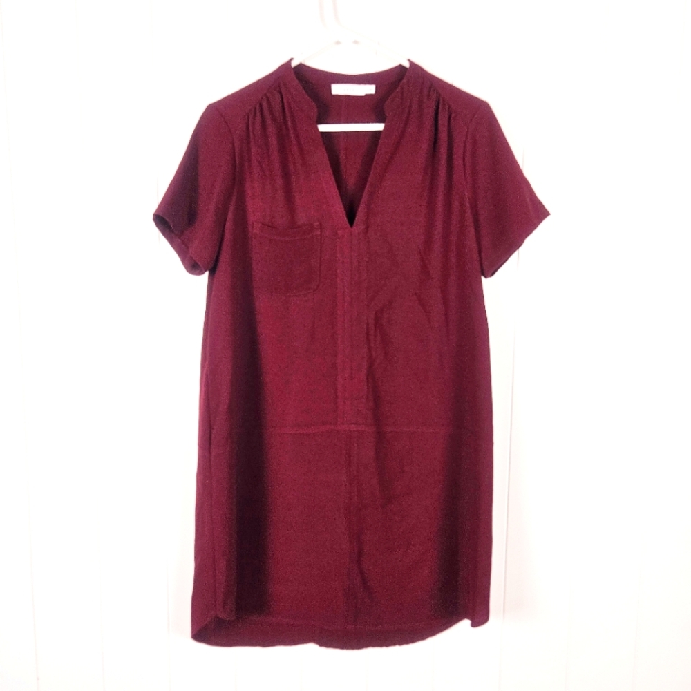 Lush Medium Maroon Wine Burgundy Short Sleeve T-Shirt Dress Vneck